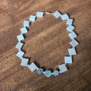 Gray Banded Agate Milky Quartz Jasper Necklace Carved Flower Stone Beads 19in